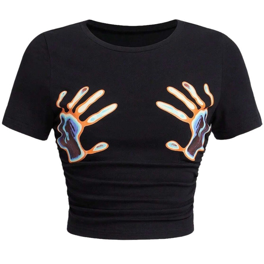 Damer cropped T-skjorte med glitrende skrifttype og trendy bomullsmateriale Skjora