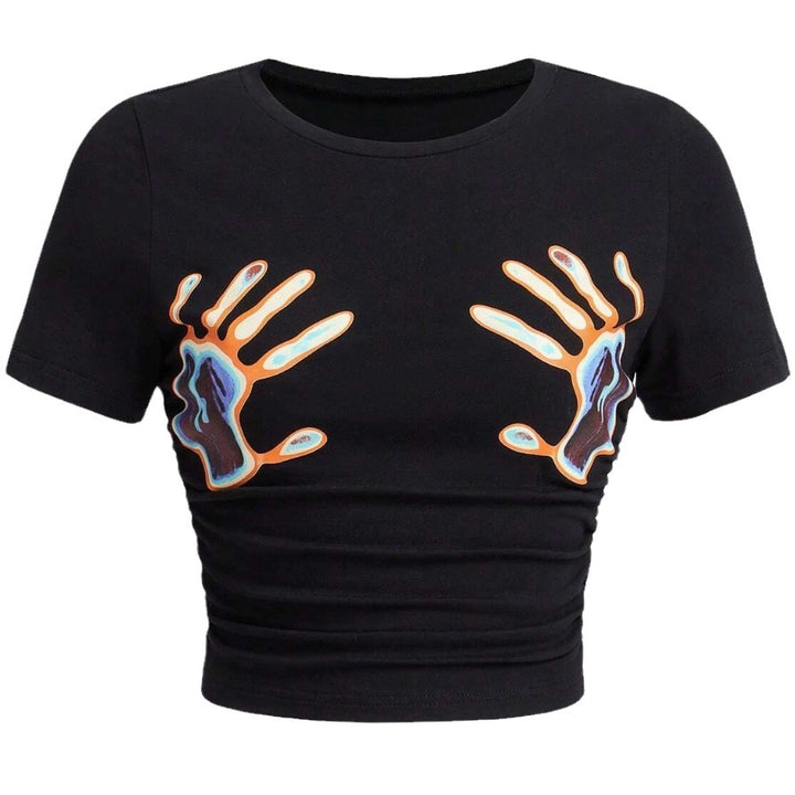 Damer cropped T-skjorte med glitrende skrifttype og trendy bomullsmateriale Skjora