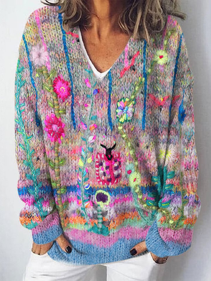 Ladies knitted sweater with detailed landscape pattern Skjora