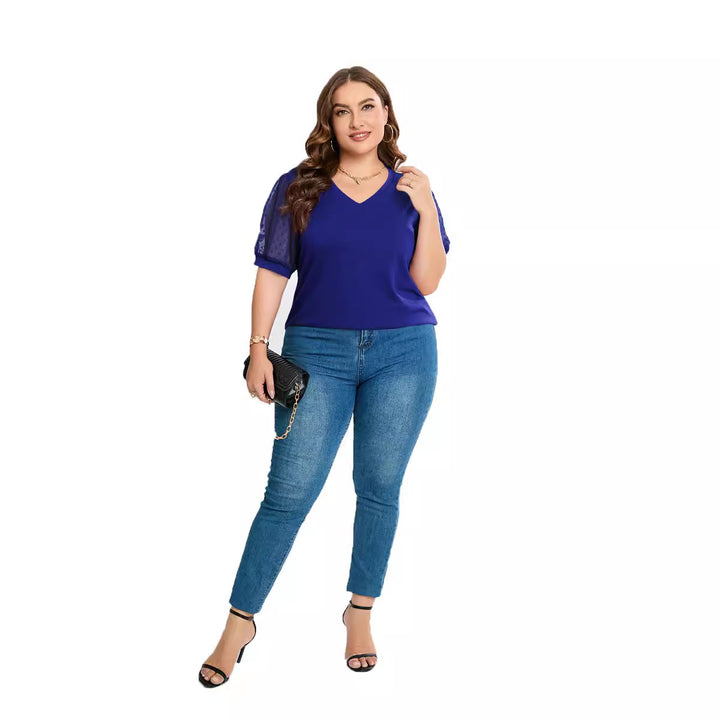 Dame elegant bluse skjorte med transparente puff ermer og V-hals Skjora