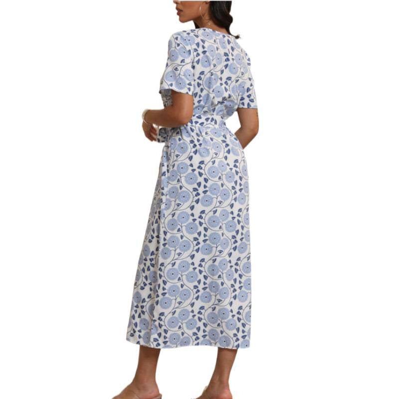 Women's Long-Sleeve Maxi Dress with Floral Design and Elegant Tie Belt Skjora