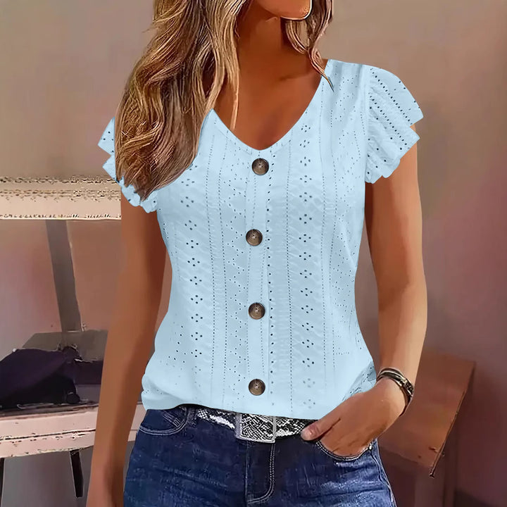 Damer elegant bluse med spidemønster og knappdekorasjon Skjora