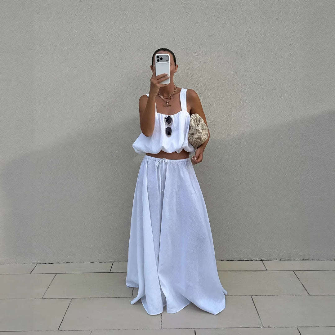 Women's airy maxi dress with wide straps and elastic waistband Skjora
