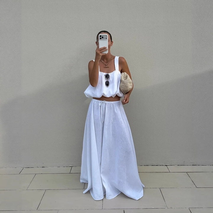 Women's airy maxi dress with wide straps and elastic waistband Skjora