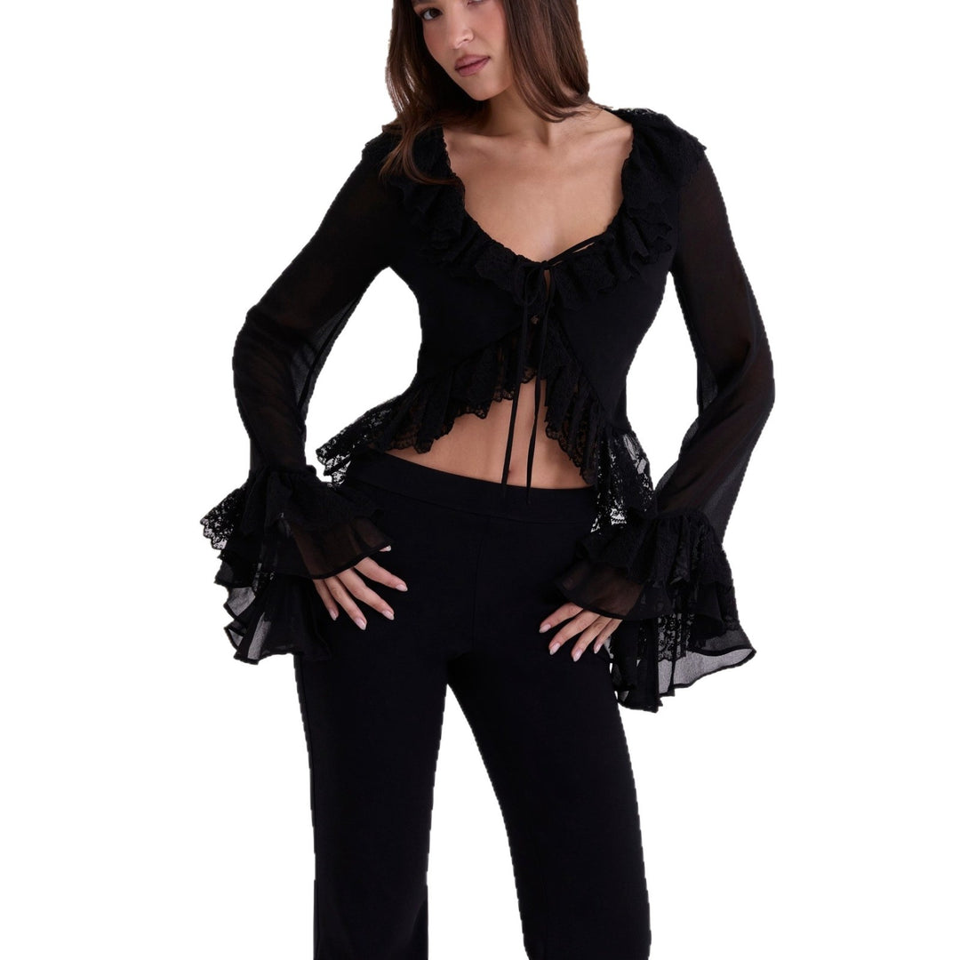 Dame chiffon-bluse med spissbesetning Skjora