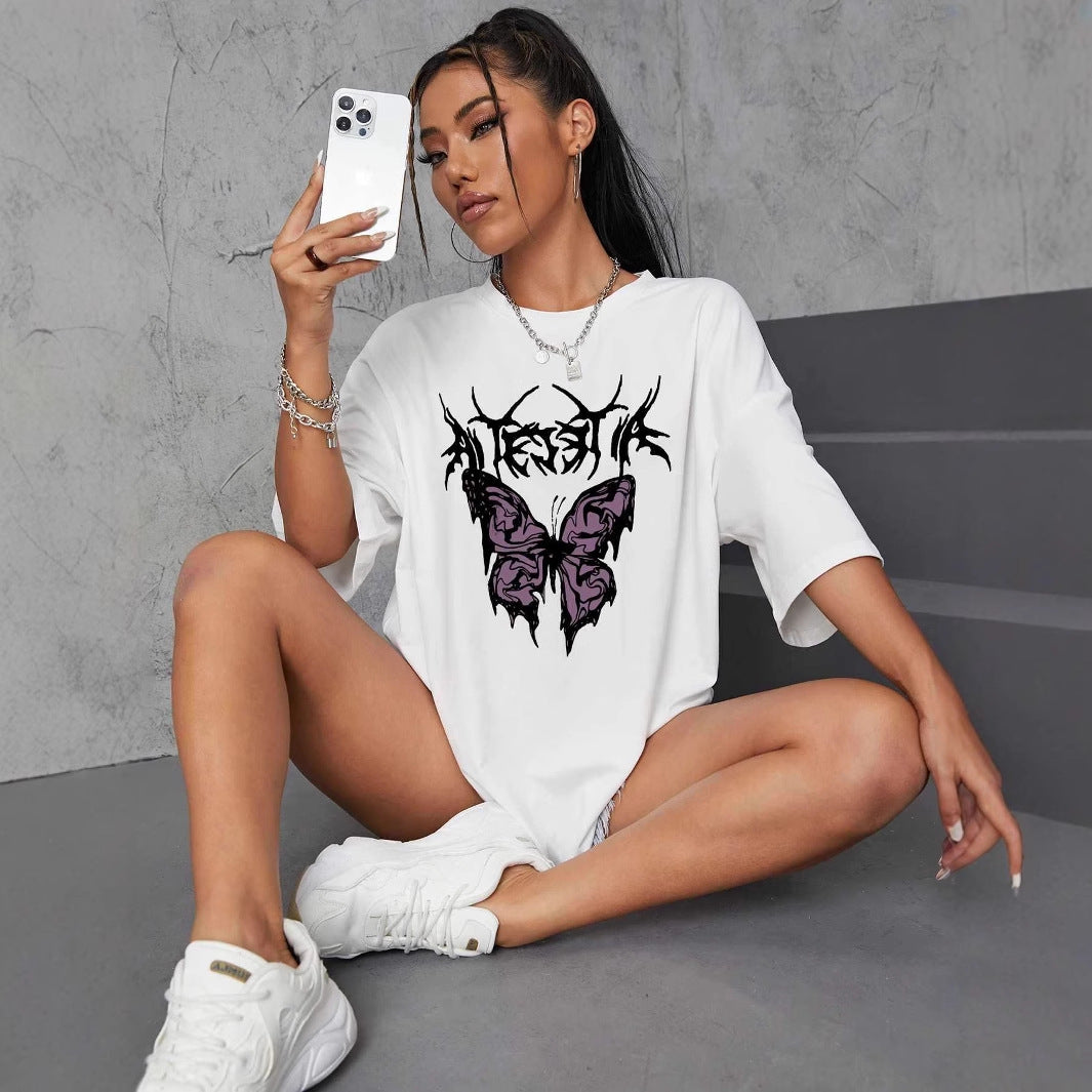 Dame oversized T-skjorte med kreativ sommerfugl-design Skjora