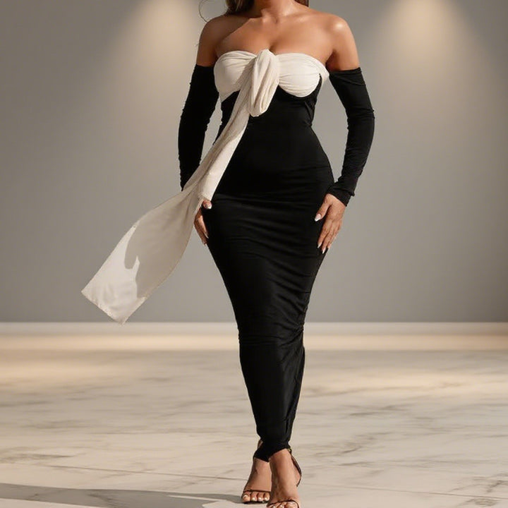 Damer Elegant Off-Shoulder Maxikjole med dekorativ knute og lange ermer Skjora