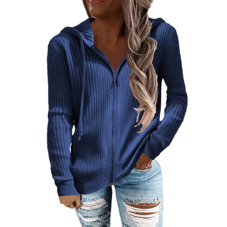 Kvinnes stripet hettegenser med hel glidelås og mansjetter Skjora