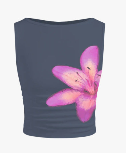 Dame ermeløs Crop-Top med blomstermotiv og tettsittende snitt Skjora
