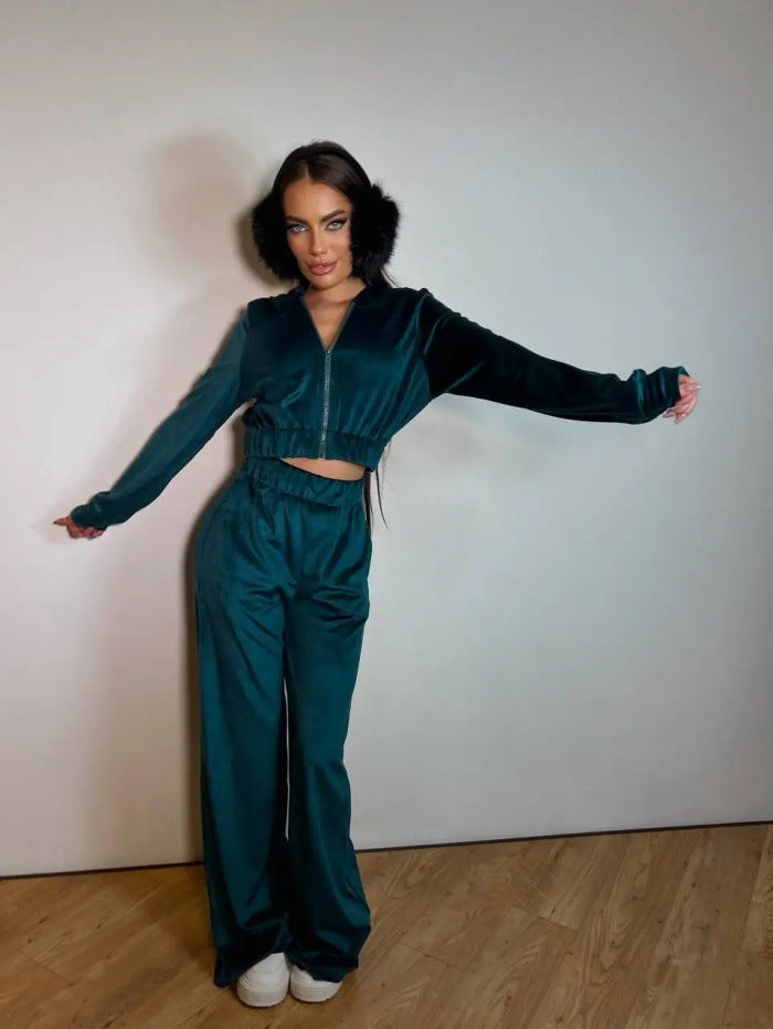 Kvinners sporty velour loungewear-set med hette og elastisk midjebånd Skjora
