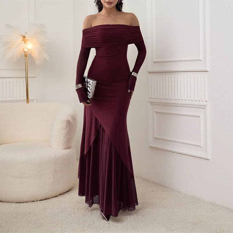 Dame elegant off-the-shoulder maxikjole med raffinert rynkede overdel og asymmetrisk kant Skjora