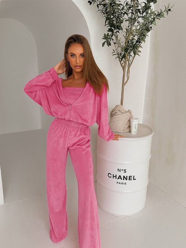 Damer Elegant Fleece Loungewear Set med Løs Topp og Komfortable Bukser Skjora