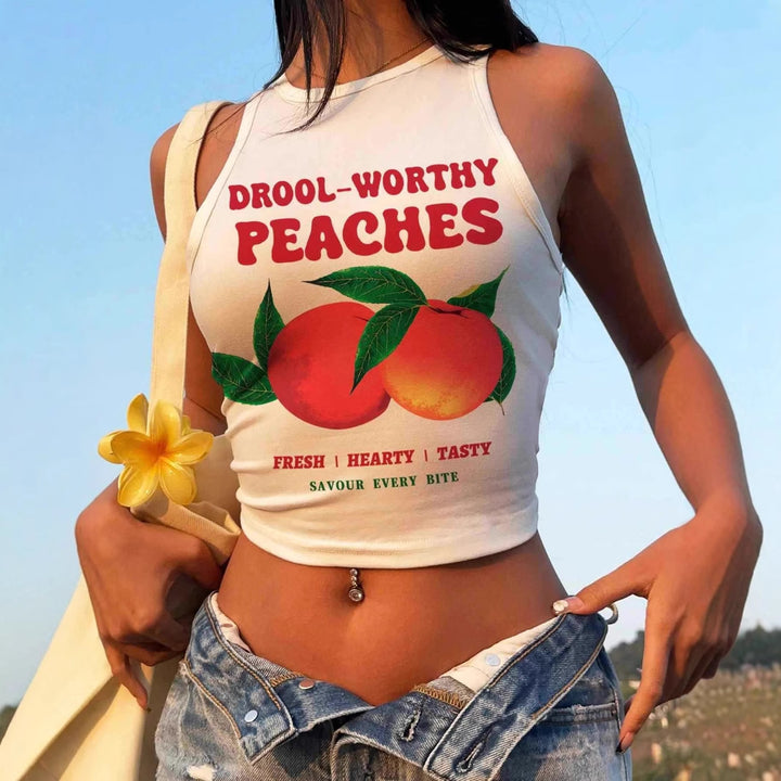 Dame ermeløs Crop-Top med fruktig grafisk trykk og avslappet snitt Skjora