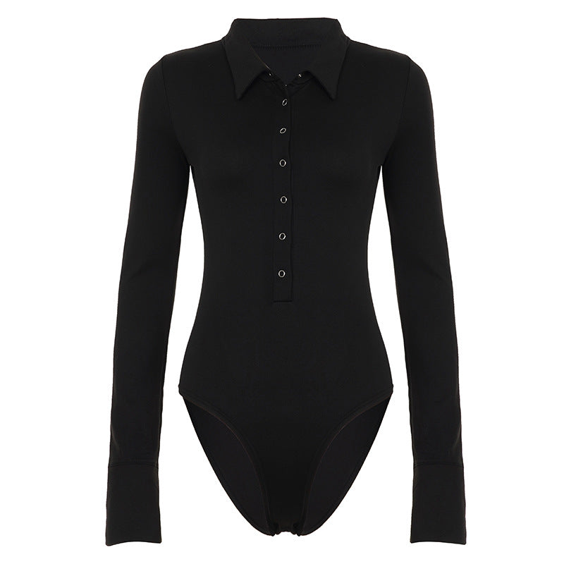 Damer langermet bodysuit med elegant krage og hel knappelist Skjora