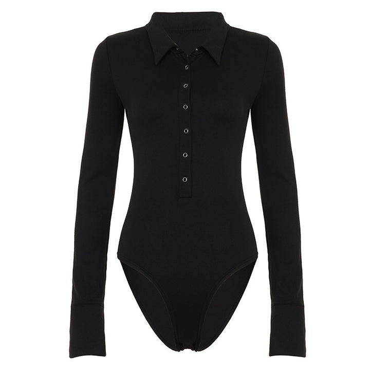 Damer langermet bodysuit med elegant krage og hel knappelist Skjora