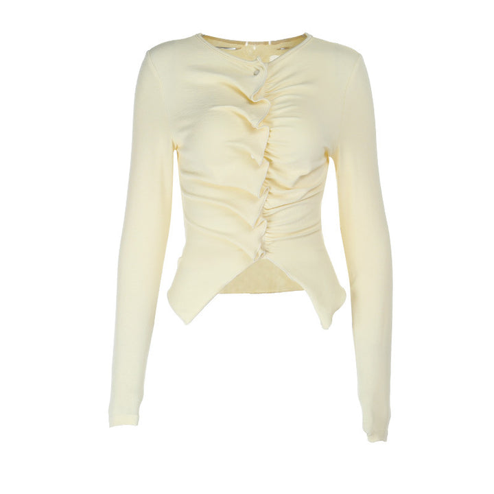 Dame langermet bluse med dekorative ruffle-detaljer og tettsittende fasong