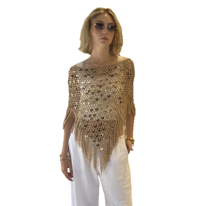 Damen dekorativer Spitzen-Poncho mit eleganten Pailletten und Fransen Skjora