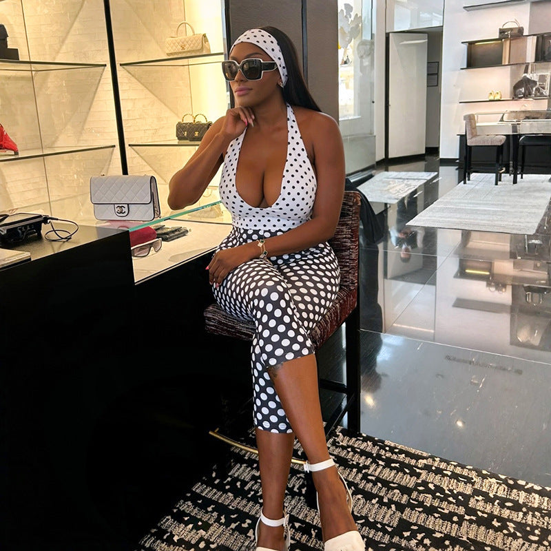 Dame Polka-Dot Jumpsuit med dyp V-hals og elastisk materiale Skjora