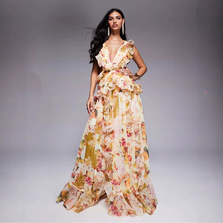 Damer Elegant Maxi Kjole med Blomster Volanger og Dyp V-hals