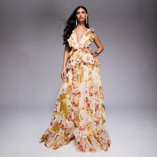 Damer Elegant Maxi Kjole med Blomster Volanger og Dyp V-hals