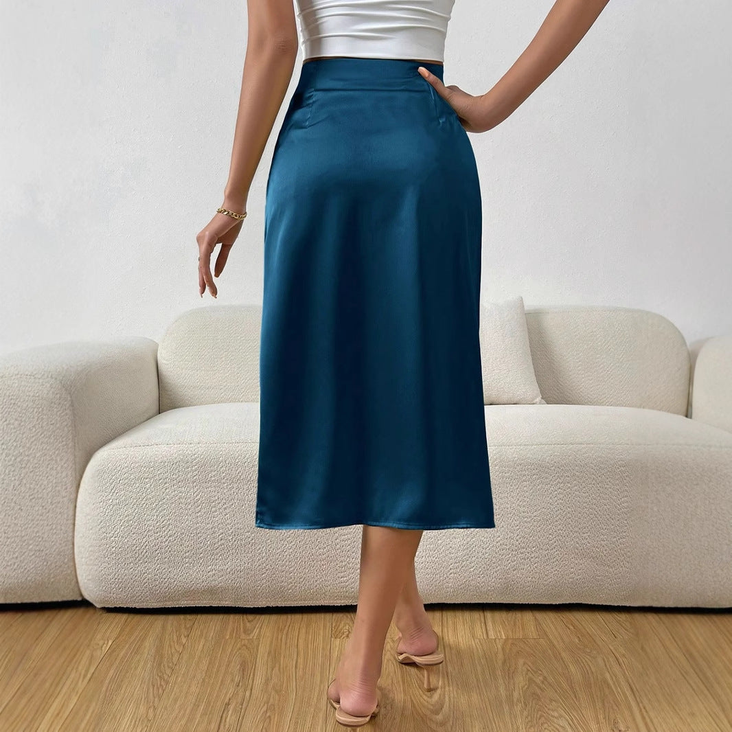 Dame Elegante Sateng-midi skjørt med elegant splitt og flytende fall Skjora