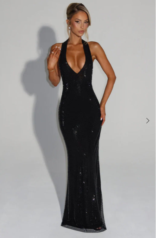 Kvinne Shimmering Kveld Dress med Dyp V-Hals og Figur-Tilpasset Snitt