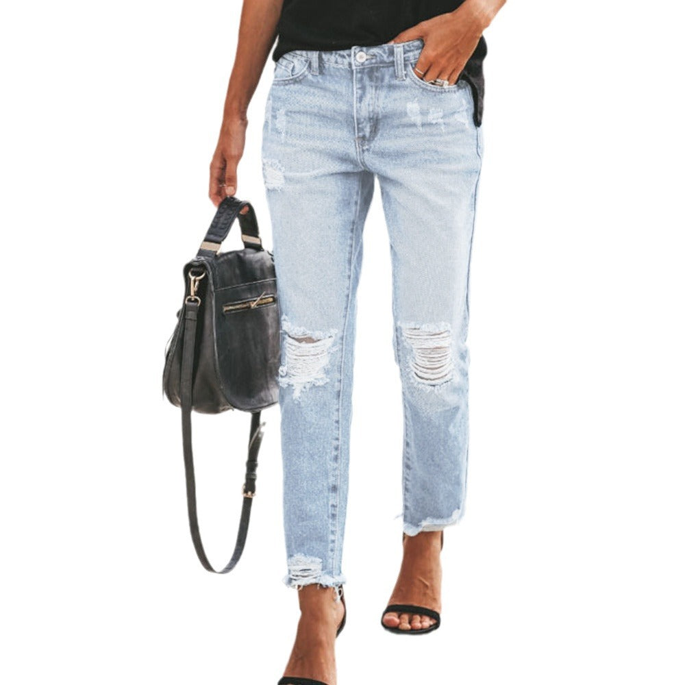 Dame Destroyed Mom Jeans med frynser og avslappet snitt Skjora