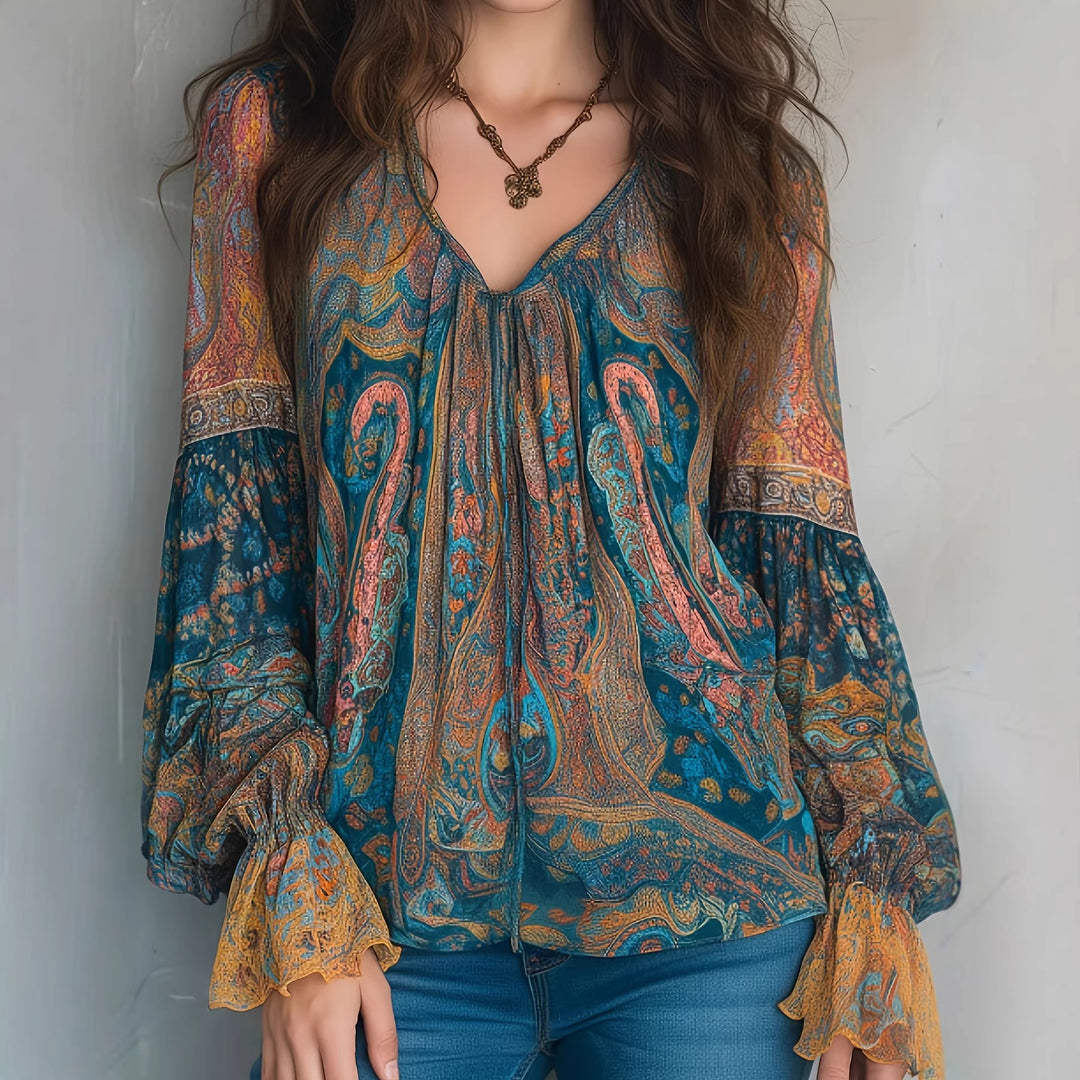 Dame Boho-Chic Bluse med flammet ermer og V-hals Skjora