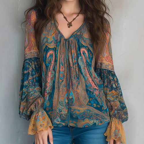 Dame Boho-Chic Bluse med flammet ermer og V-hals Skjora