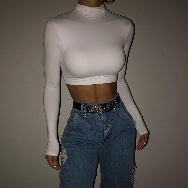 Dame Langermet Cropped Topp med Ståkrage og Figurtilpasset Snitt Skjora