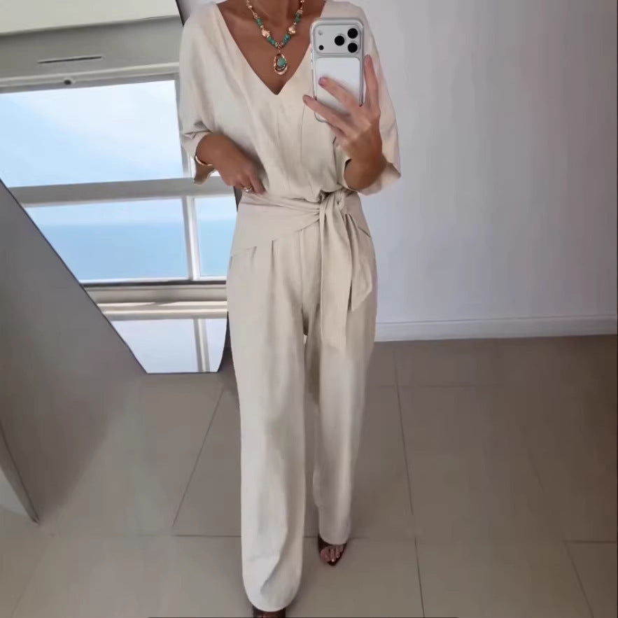 Dame Elegant Jumpsuit med skreddersydd snitt og omslag belte Skjora