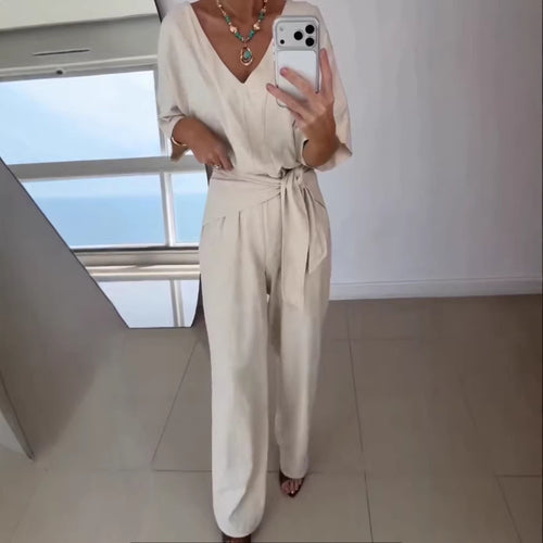 Damer Elegant Jumpsuit med Skreddersydd Snitt og Innpakket Belte Skjora