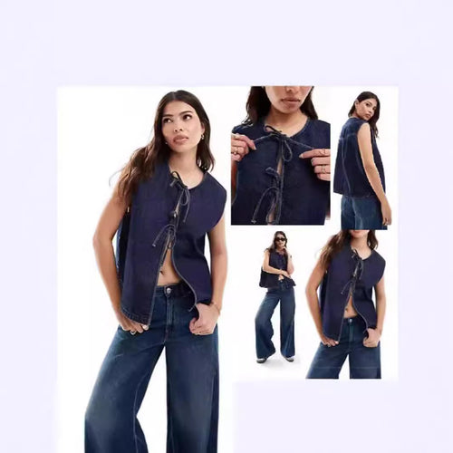 Dame Denim Bustier-Vest med snøring Skjora