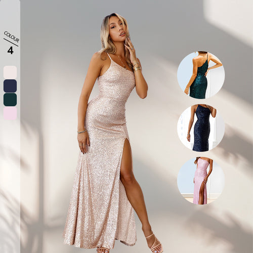 Kvinne Shimmering Kveldsdrakt med Tettsittende Snitt og Elegant Splitt