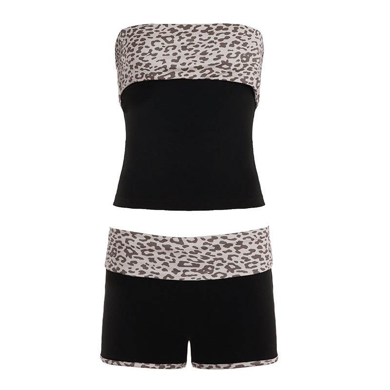 Dame sporty bikiniset med trendy leopardmønster og elastisk belte Skjora