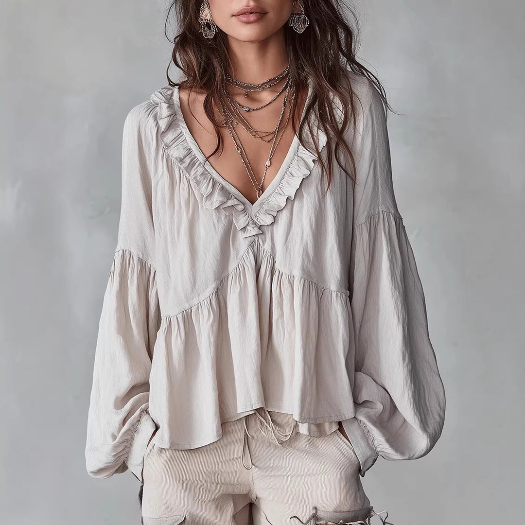 Women's Flowy Top with Ruched Detail and V-Neck Skirt