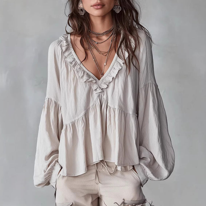 Women's Flowy Top with Ruched Detail and V-Neck Skirt