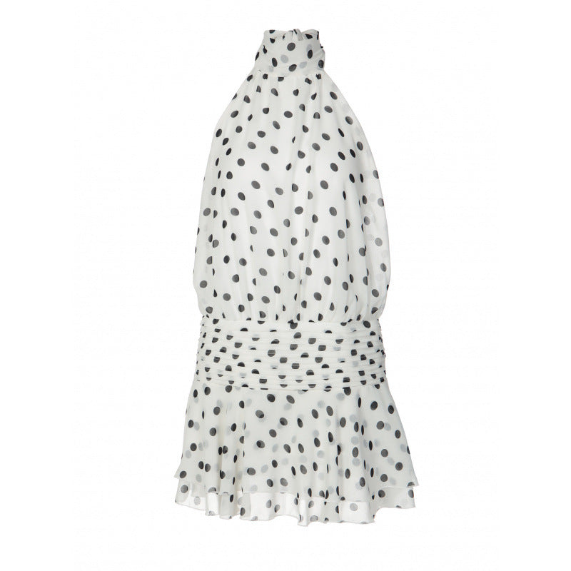 Dame Polka-Dot Minikjole sett med skulderfri hals og voluminøs skjørt Skjora