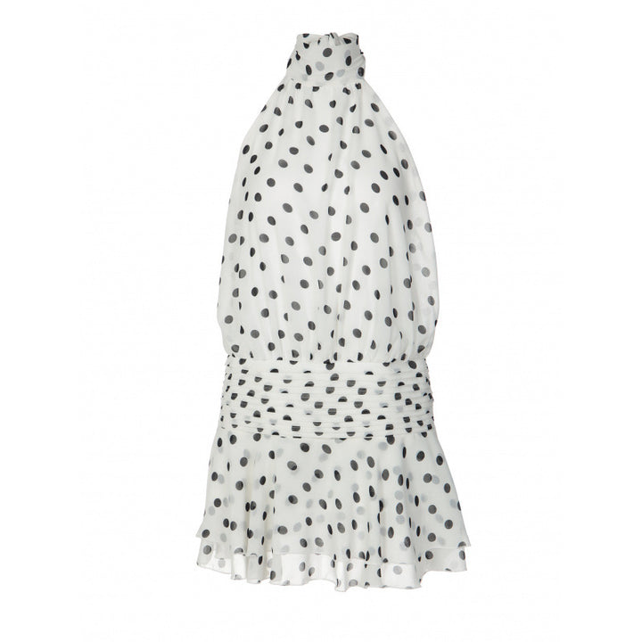 Dame Polka-Dot Minikjole sett med skulderfri hals og voluminøs skjørt Skjora