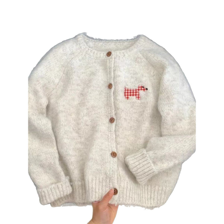Damer Cozy Knit Cardigan med dekorativt hundemotiv Skjora