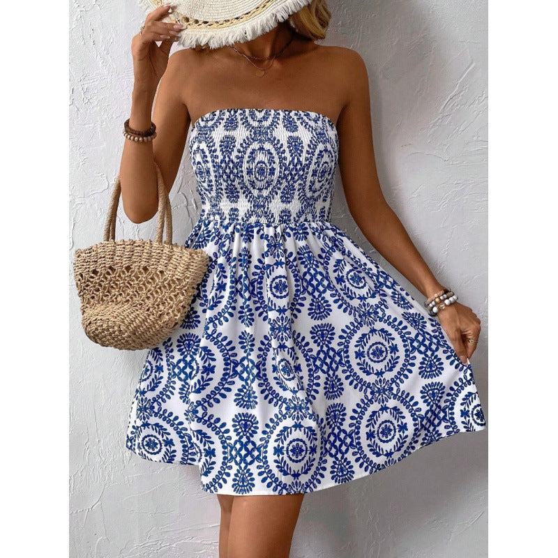Women's strapless summer dress with elastic waist and floral design Skjora