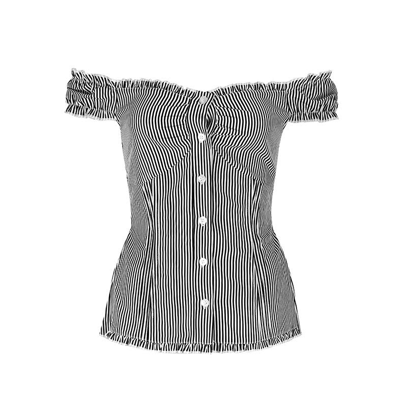 Dame Off-Shoulder Bluse med fine ruffle-detaljer og stripete mønster Skjora