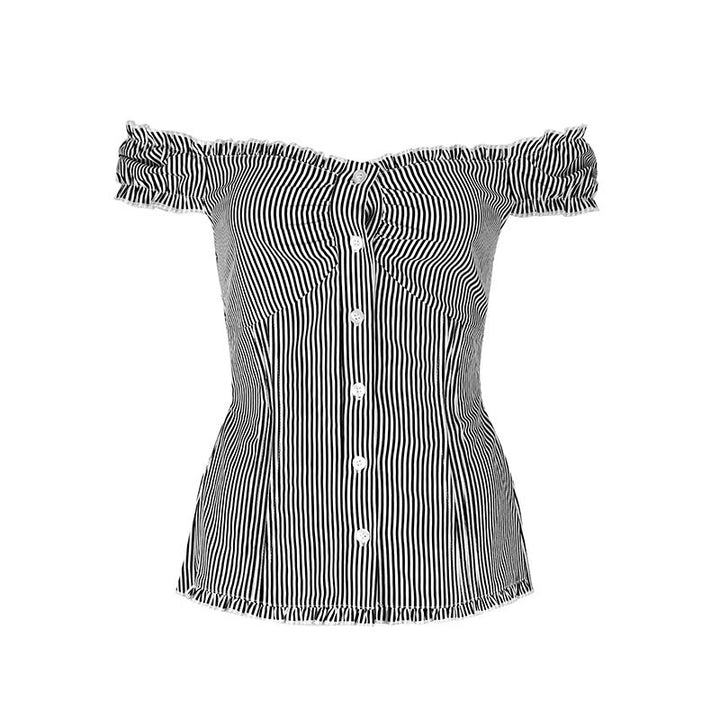 Dame Off-Shoulder Bluse med fine ruffle-detaljer og stripete mønster Skjora