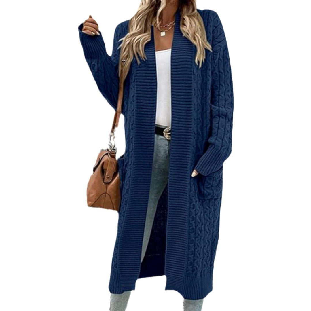 Kvinnes chunky strikket cardigan med åpen design og praktiske lommer Skjora