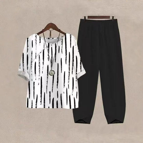 Dame Casual Fritids Sett med Kreativ Stripete Topp og Komfortable Bukser Skjora