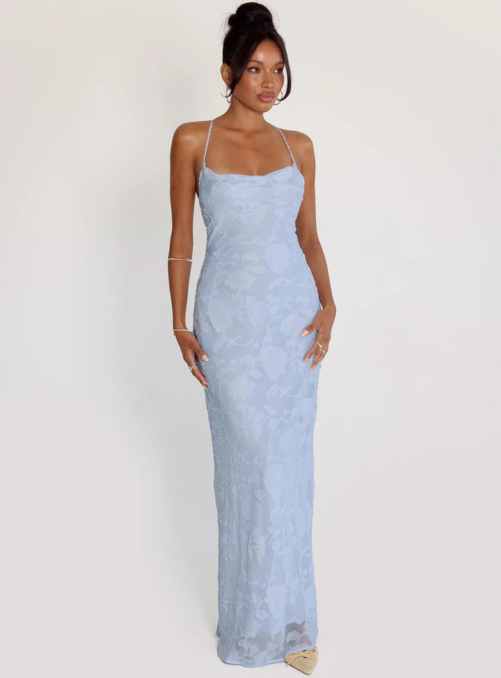 Damen Elegantes Abendkleid mit floralem Spitzenmuster und Spaghettiträgern Skjora
