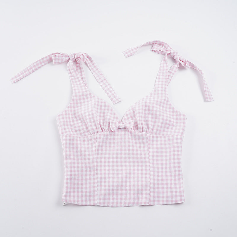Dame Gingham Crop-Topp med søte sløyfedetaljer Skjora