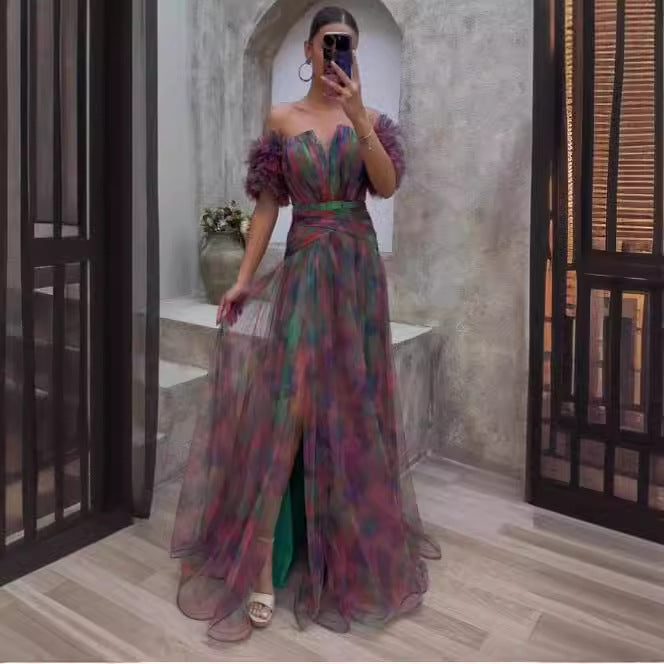 Damer Elegant Maxi Kjole med Av-Skuldre Design og Fargerike Volanger Detaljer