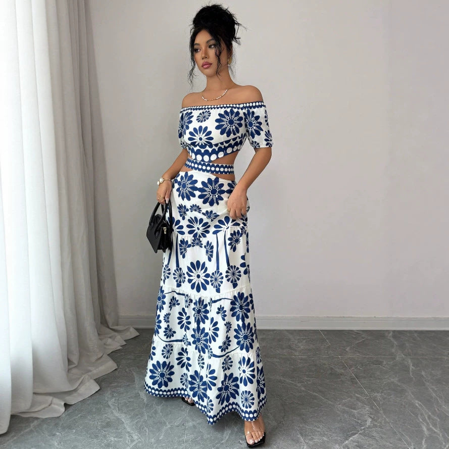 Dame Maxikjole med blomstret design og trendy off-shoulder utringning Skjora