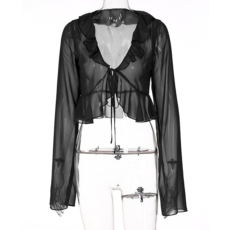 Damer Transparent Langermet Bluse med Volanger og Bindebelte Skjora